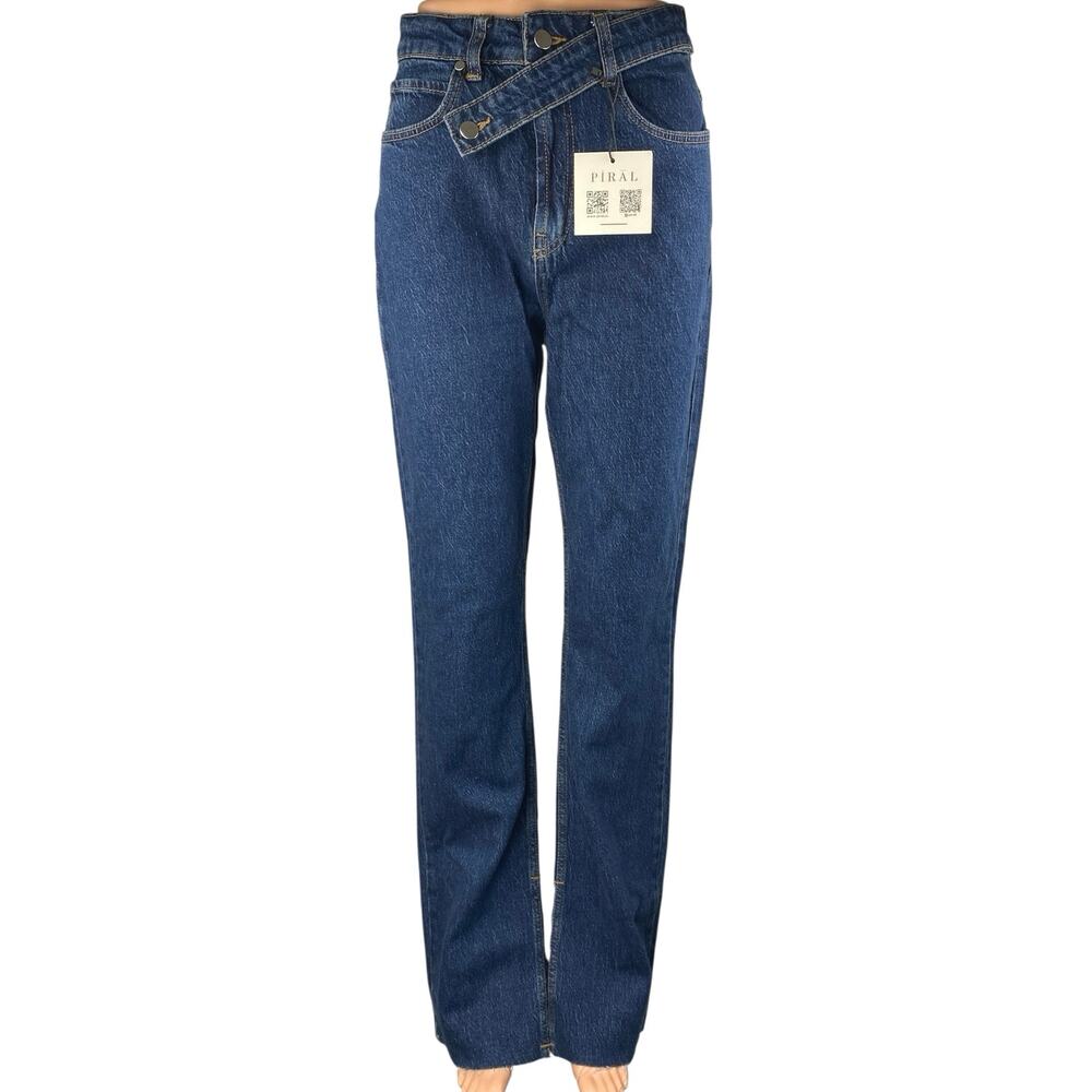NEW Piral Women's Blue High Waisted Cross Belt Straight Denim Jeans Size M